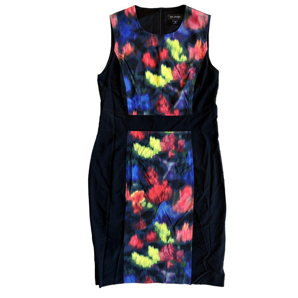 St John Abstract Floral Print Watercolor Sheath Dress w/Black Panels Size 8